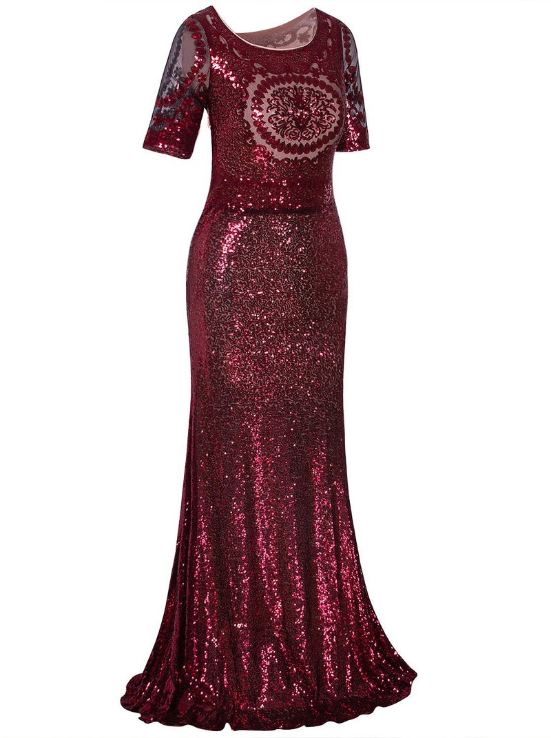 Vijiv Women Vintage 1920s Long Bridesmaid Dresses with Sleeves Sequin Beaded Formal Ball Gowns Red - Image 2