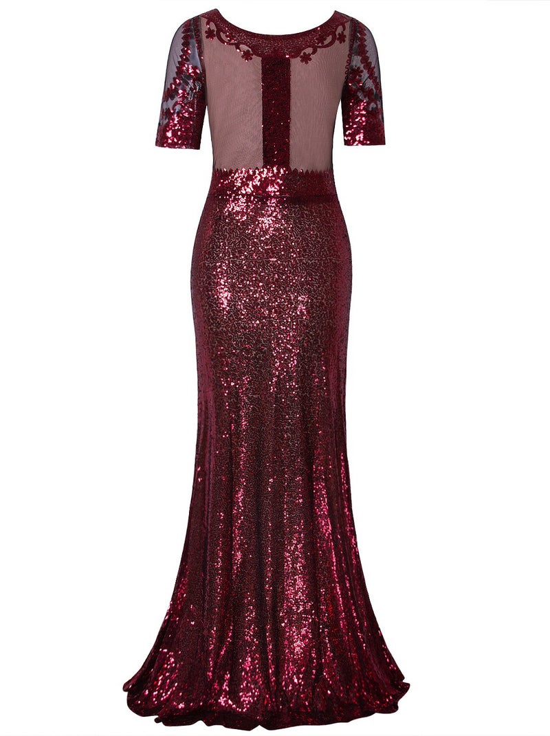 Vijiv Women Vintage 1920s Long Bridesmaid Dresses with Sleeves Sequin Beaded Formal Ball Gowns Red - Image 4