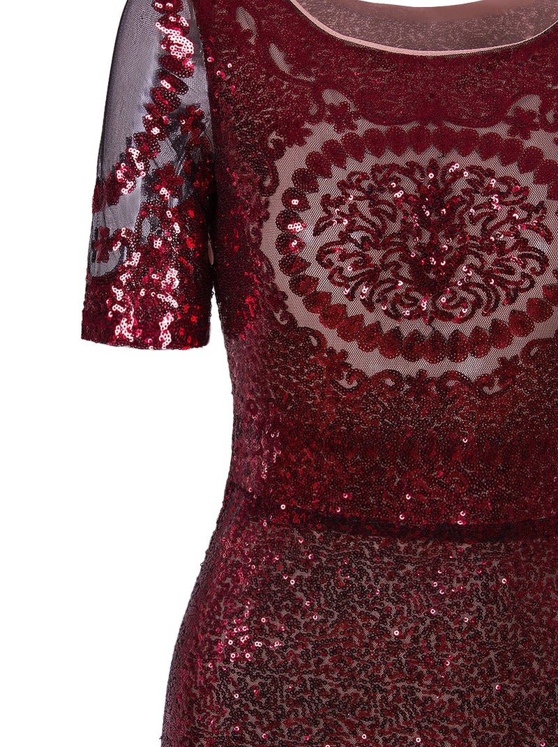 Vijiv Women Vintage 1920s Long Bridesmaid Dresses with Sleeves Sequin Beaded Formal Ball Gowns Red - Image 5