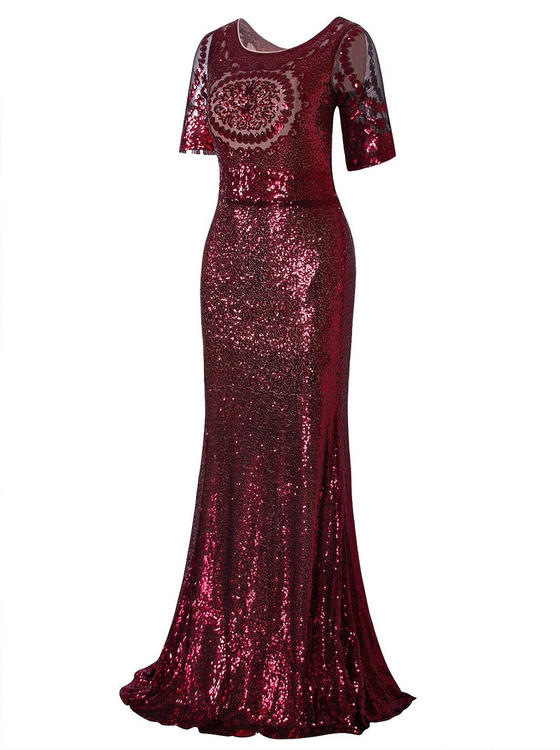 Vijiv Women Vintage 1920s Long Bridesmaid Dresses with Sleeves Sequin Beaded Formal Ball Gowns Red - Image 3