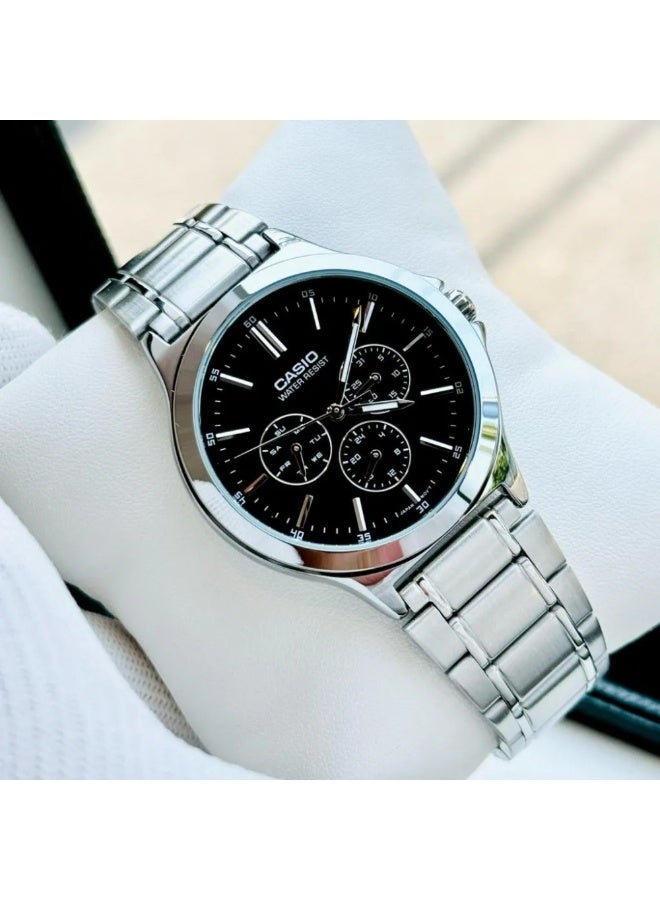 Casio MTP-V300D-1A2UDF Men’s Analog Stainless Steel Watch – Black Dial, Green Accents, Multi-Function Subdials - Image 2