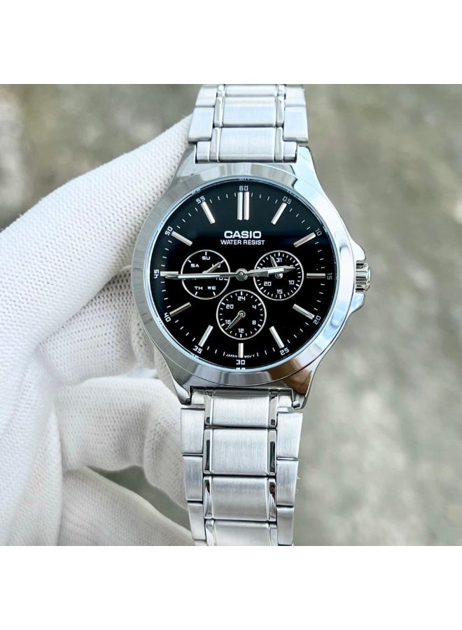 Casio MTP-V300D-1A2UDF Men’s Analog Stainless Steel Watch – Black Dial, Green Accents, Multi-Function Subdials - Image 3
