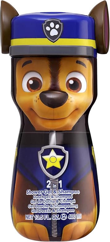 Air Val Paw Patrol Chase 2in1 Vegan Shower Gel Shampoo for Kids Adults 90 Natural Ingredients Hydrating Gentle Formula Dermatologically Tested Pleasant Scent Fun 3D Bottle Ages 3 400ml - Image 1