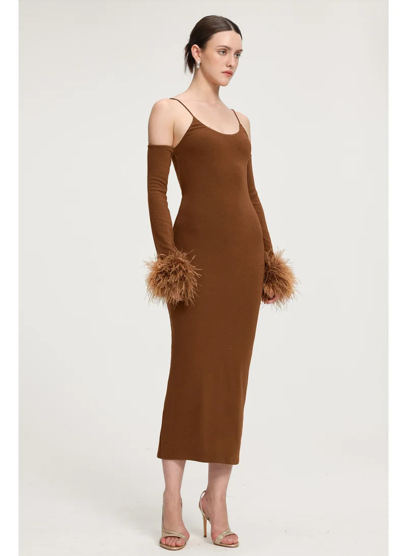 Skye & Iris Feather-Cuffed Knit Midi Dress