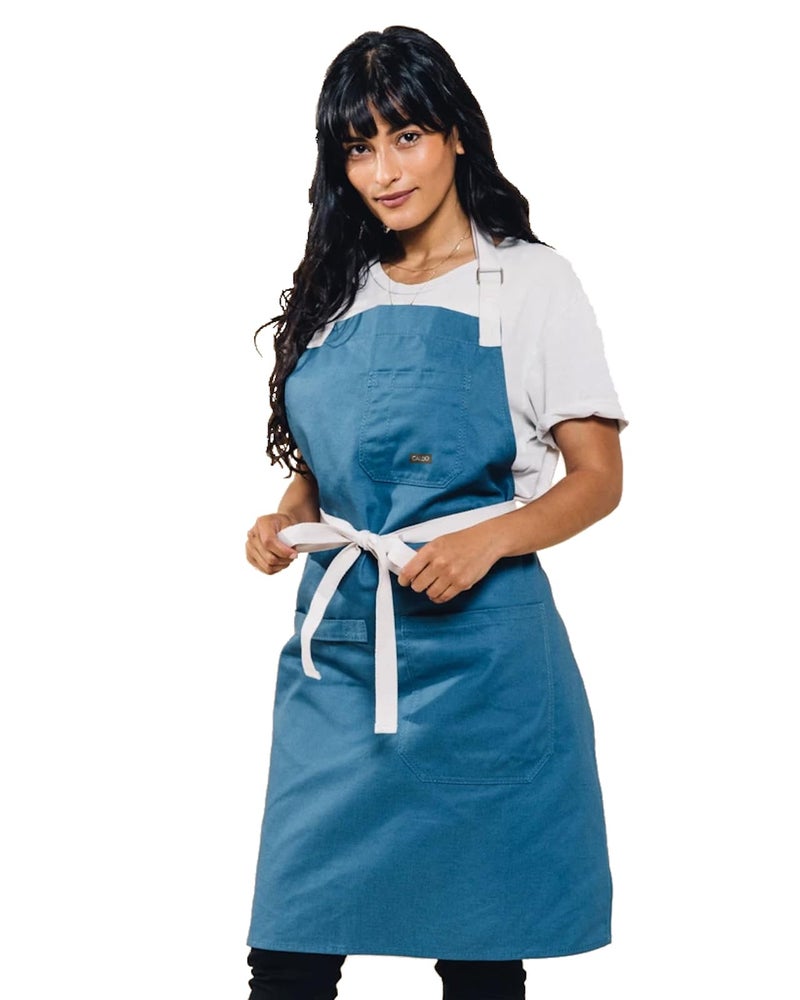 Caldo Daily Cotton Kitchen Apron for Cooking  Mens and Womens Professional Chef or Server Bib Apron  Adjustable Straps with Pockets and Towel Loop Vintage Blue