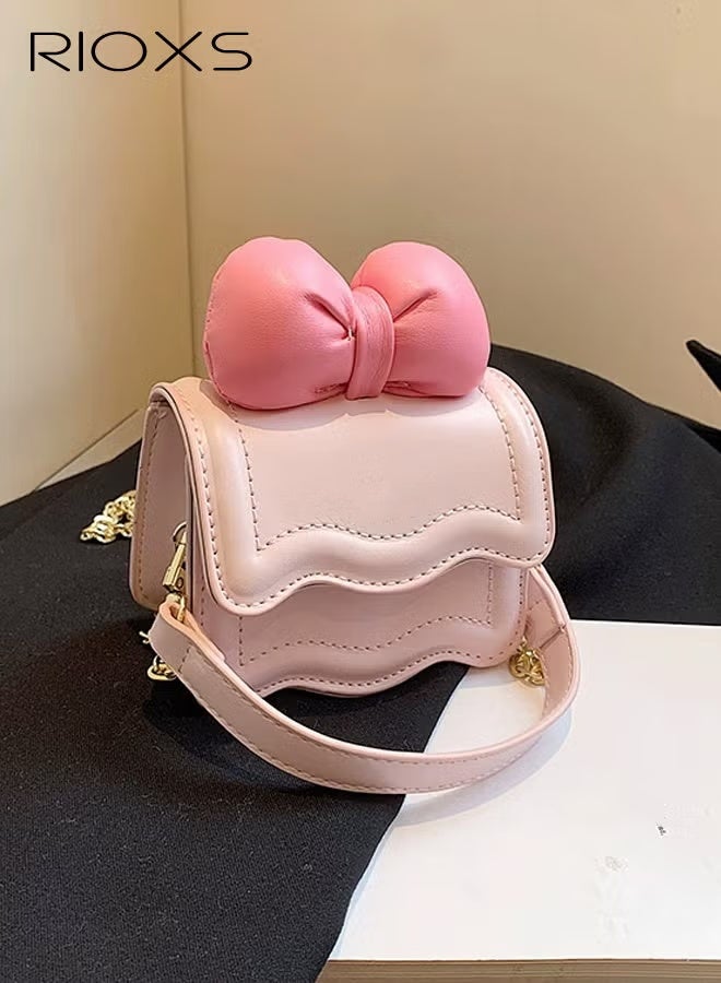 RIOXS Mini Purse for Little Girls, Toddler PU Leather Crossbody Bag with Bowknot for Toddler Girls, Lightweight Fashion Princess Handbags with Top Handle and Detachable Gold Chain, Shoulder Bag for Party Travel Shopping, Pink - Image 3