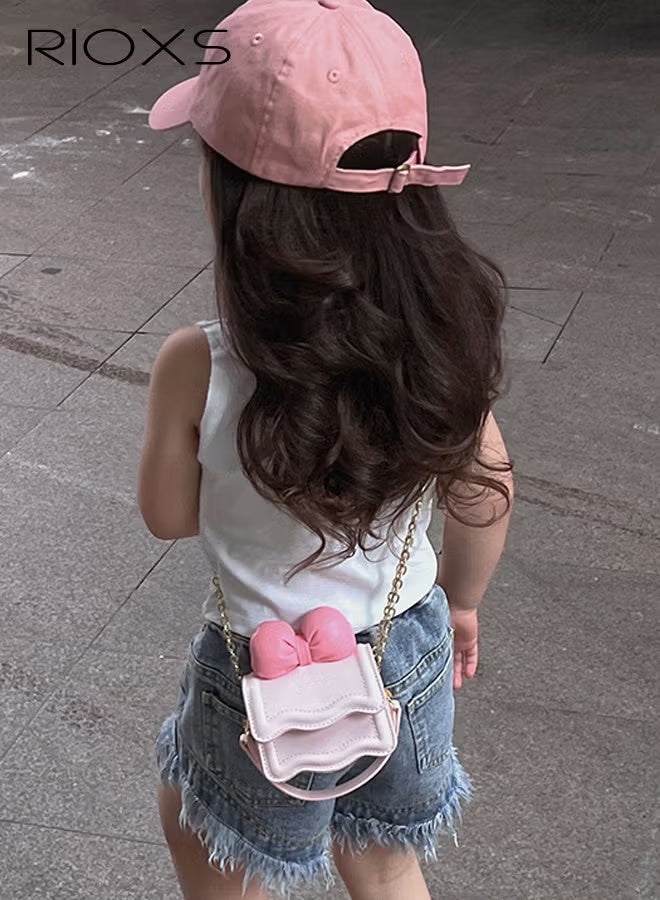 RIOXS Mini Purse for Little Girls, Toddler PU Leather Crossbody Bag with Bowknot for Toddler Girls, Lightweight Fashion Princess Handbags with Top Handle and Detachable Gold Chain, Shoulder Bag for Party Travel Shopping, Pink - Image 4