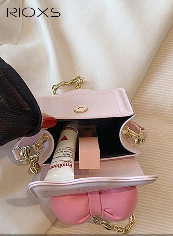 RIOXS Mini Purse for Little Girls, Toddler PU Leather Crossbody Bag with Bowknot for Toddler Girls, Lightweight Fashion Princess Handbags with Top Handle and Detachable Gold Chain, Shoulder Bag for Party Travel Shopping, Pink - Image 2