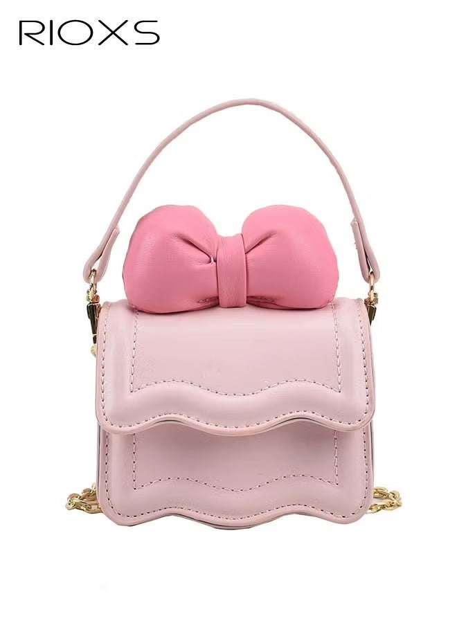 RIOXS Mini Purse for Little Girls, Toddler PU Leather Crossbody Bag with Bowknot for Toddler Girls, Lightweight Fashion Princess Handbags with Top Handle and Detachable Gold Chain, Shoulder Bag for Party Travel Shopping, Pink - Image 1