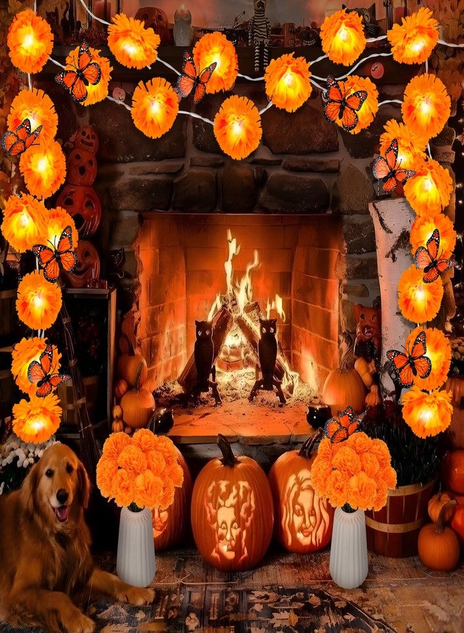 VICAMB 44Pcs Day of The Dead Decorations 2PCS 6.5ft Lighted Marigold Garland,30PCS Artificial Marigold Flowers with Stem,12PCS Butterfly,Dia de Los Muertos Decorations for Halloween Diwali Indian Party - Image 5
