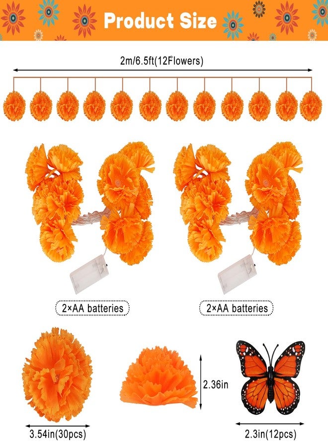 VICAMB 44Pcs Day of The Dead Decorations 2PCS 6.5ft Lighted Marigold Garland,30PCS Artificial Marigold Flowers with Stem,12PCS Butterfly,Dia de Los Muertos Decorations for Halloween Diwali Indian Party - Image 2