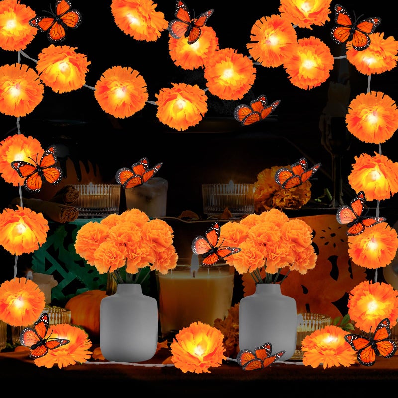 VICAMB 44Pcs Day of The Dead Decorations 2PCS 6.5ft Lighted Marigold Garland,30PCS Artificial Marigold Flowers with Stem,12PCS Butterfly,Dia de Los Muertos Decorations for Halloween Diwali Indian Party - Image 1