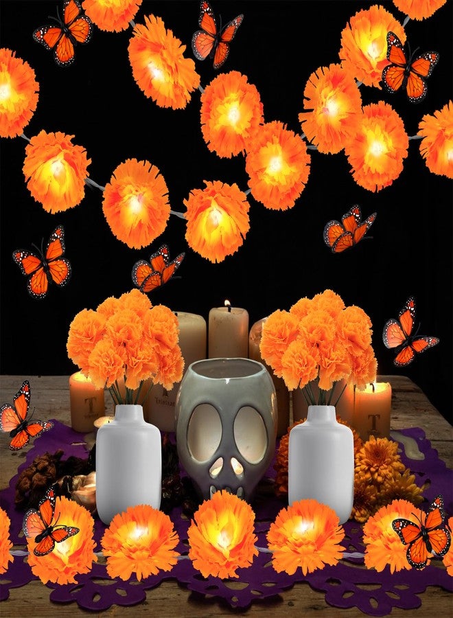 VICAMB 44Pcs Day of The Dead Decorations 2PCS 6.5ft Lighted Marigold Garland,30PCS Artificial Marigold Flowers with Stem,12PCS Butterfly,Dia de Los Muertos Decorations for Halloween Diwali Indian Party - Image 4