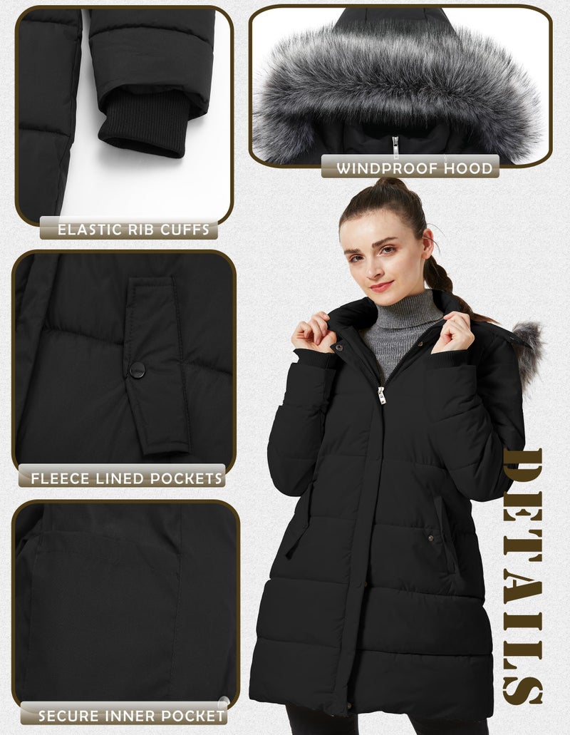 GGleaf Women's Winter Thicken Puffer Coat Warm Snow Jacket with Fur Removable Hood Black Medium - Image 4