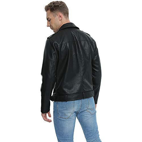 Fahsyee Leather Jackets for Men, Faux Bomber Jacket Mens Motorcycle Lapel Asymmetric Zip-Up Belt Slim Fit Biker Coat Black XL - Image 5