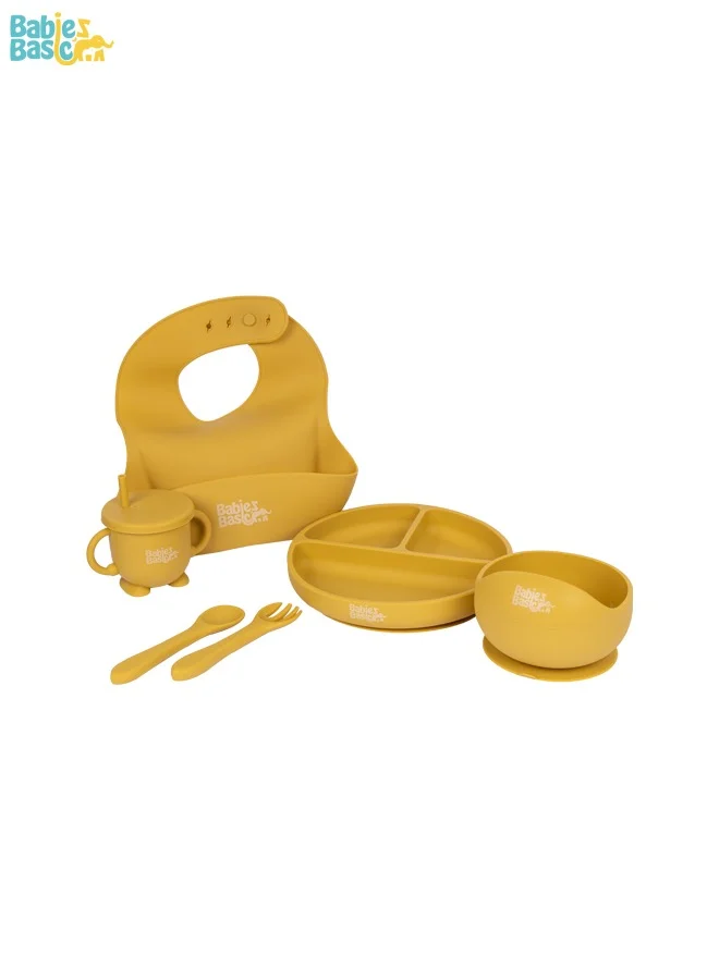 Babies Basic Feeding Set, 6 Piece, Silicone Set For Self Feeding, Learning & Fine Motor Skills Soft, Easy To Grip, Bib, Bowl, Plate, Mini Utensils, Spoon & 2 In 1 Cup - Yellow