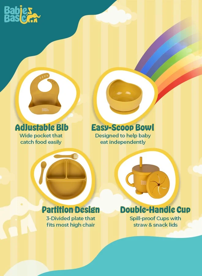 Babies Basic Feeding Set, 6 Piece, Silicone Set For Self Feeding, Learning & Fine Motor Skills Soft, Easy To Grip, Bib, Bowl, Plate, Mini Utensils, Spoon & 2 In 1 Cup - Yellow
