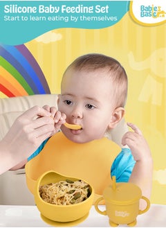 Babies Basic Feeding Set, 6 Piece, Silicone Set For Self Feeding, Learning & Fine Motor Skills Soft, Easy To Grip, Bib, Bowl, Plate, Mini Utensils, Spoon & 2 In 1 Cup - Yellow  - Image 4