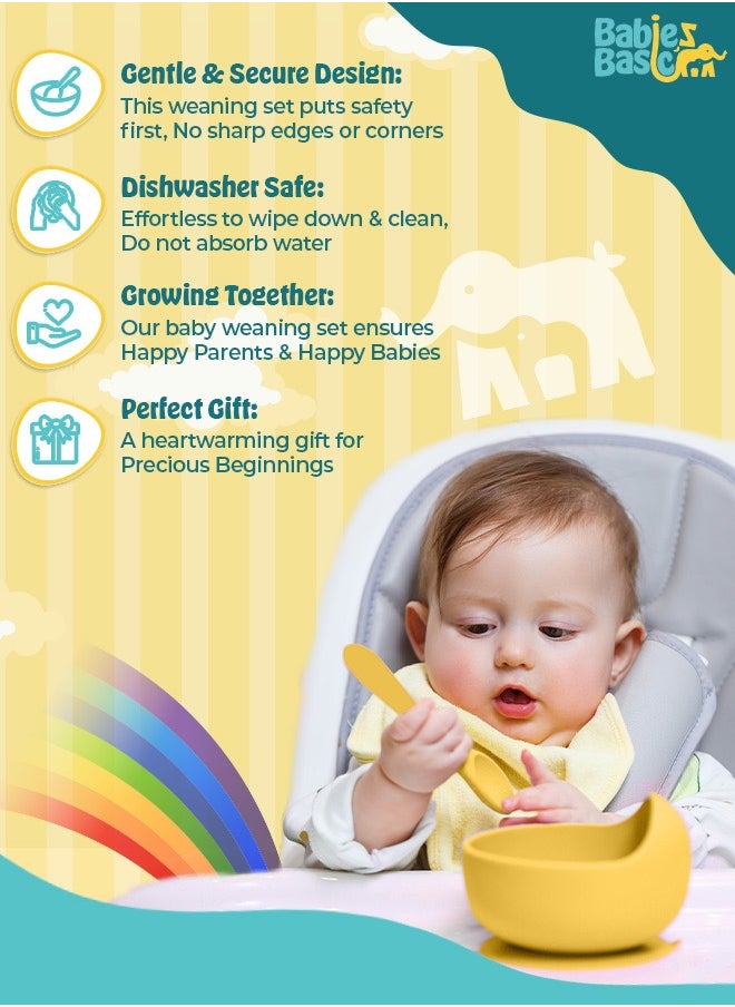 Babies Basic - Feeding Set, 6 Piece, Silicone Set For Self Feeding, Learning & Fine Motor Skills Soft, Easy To Grip, Bib, Bowl, Plate, Mini Utensils, Spoon & 2 In 1 Cup - Yellow - Image 1
