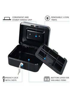 Zibuyu ZIBUYU® Cash Box with Lock Portable Coin Box with Keys Money Storage Case Piggy Bank with 6 Compartments, Portable Metal Cash Box with Lock Small Locker Box for Money (4.92 x 3.74 x 2.36 Inch) - Black  - Image 2