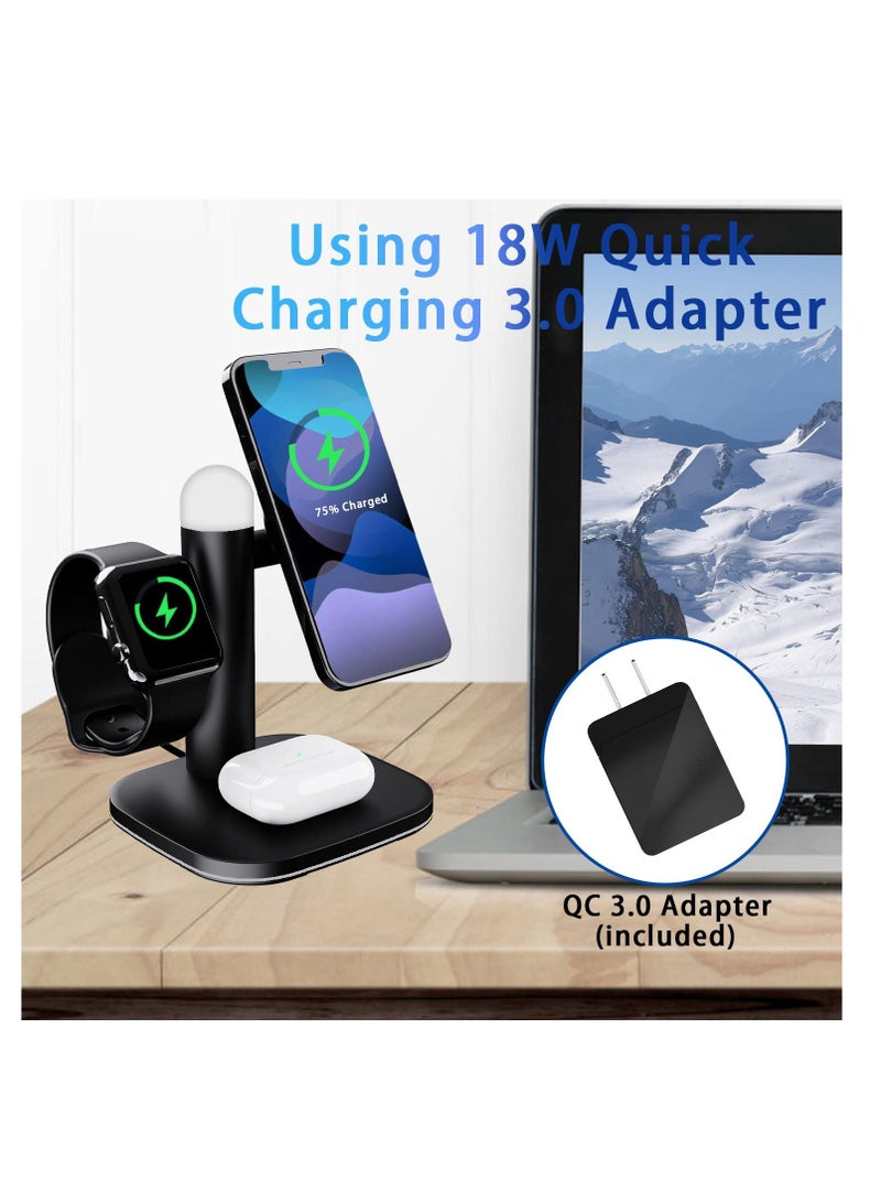 Excefore Magnetic Wireless Charger Stand, 4 in 1 Magnetic Charging Station for Apple, 15W Fast Magsafe Charger with Adjustable Night Light, for iPhone 13 -12 Series, for iWatch 7-2, for 3/2/Pro  - Image 3
