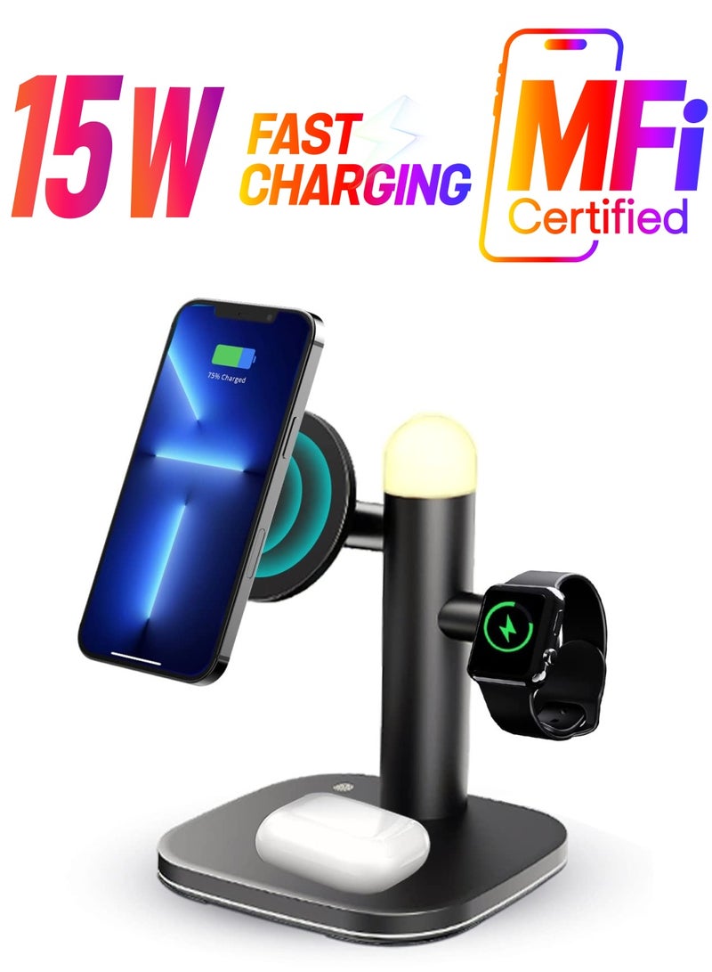 Excefore Magnetic Wireless Charger Stand, 4 in 1 Magnetic Charging Station for Apple, 15W Fast Magsafe Charger with Adjustable Night Light, for iPhone 13 -12 Series, for iWatch 7-2, for 3/2/Pro  - Image 1