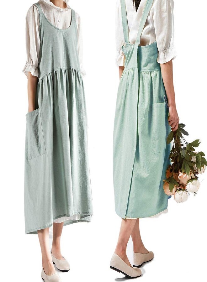 NEWGEM Cotton Linen Cross Back Apron for Women with Pockets for Cooking Gardening Turquoise without Waist Ties - Image 1