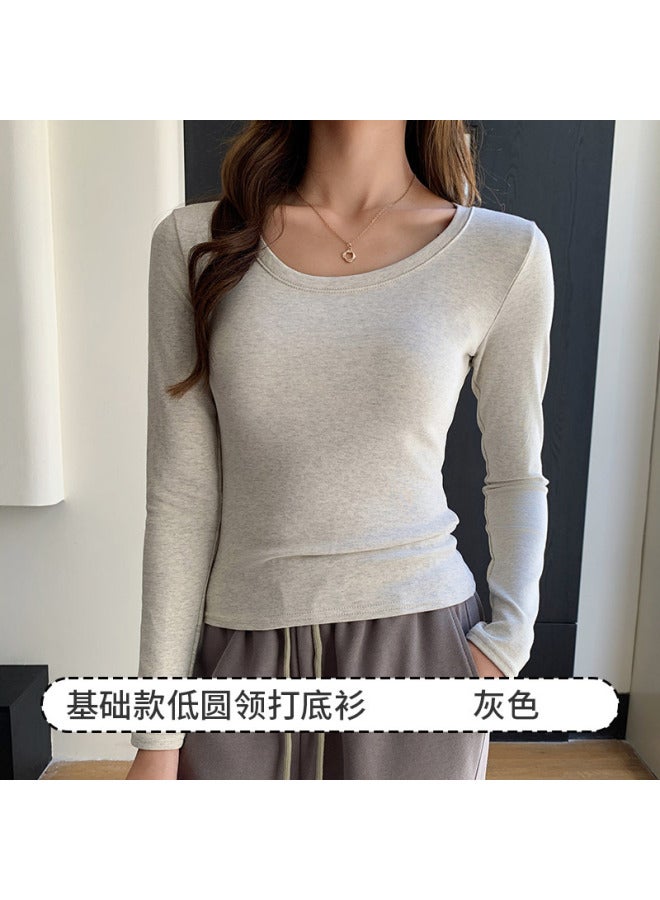362 Low Round Neck Regular Shoulder 95% Cotton Base Shirt For Women, Suitable For Spring, Autumn, And Winter, Slim Fit, Long-sleeved T-shirt, Simple Top