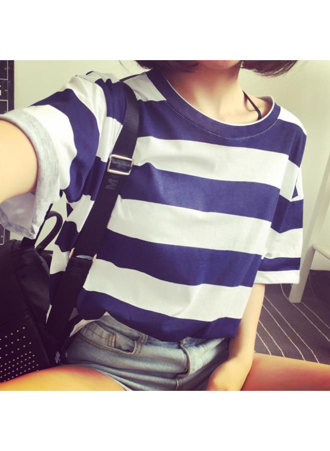Summer New Korean Student Striped Short Sleeve T-shirt Ladies Loose Clothes Top Women's Clothing A Generation Of Hair 