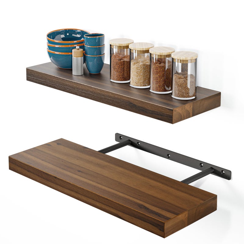 BATODA Set of 2 17" Acacia Wood Floating Shelves Wall Mounted - Rustic Farmhouse Wooden Wall Storage Shelf Bedroom, Kitchen, Home Décor - Brackets and Shelving Mounting for DIY (Walnut Color) - Image 1