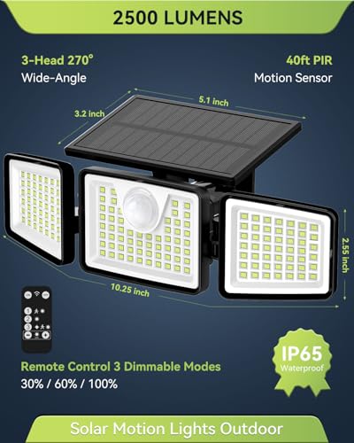 daphino 2500LM Solar Lights Outdoor with Motion Sensor3 Head 270 Wide Angle Street Area LightsIP65 Waterproof Security Lighting with 3 ModesRemote2 Pcs - Image 3