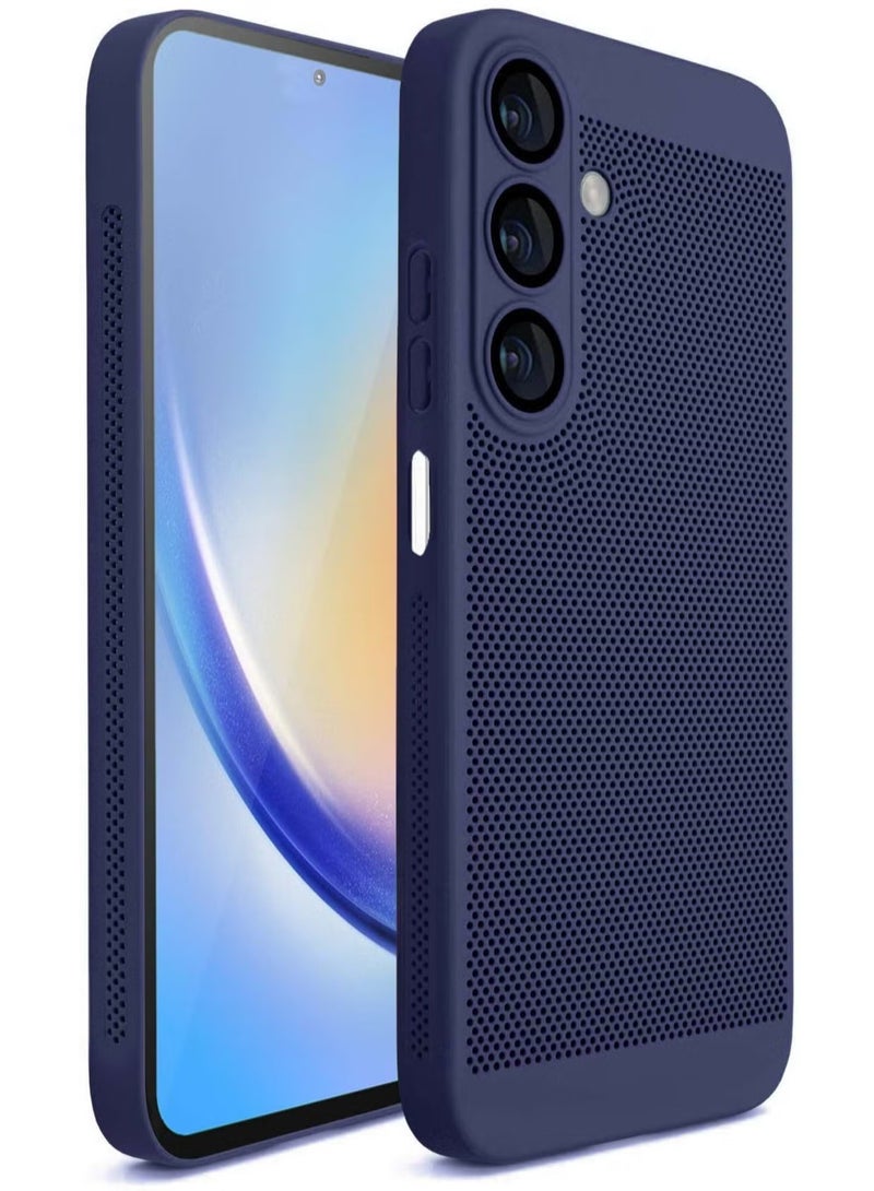 Heat Dissipation Case with Built in Camera Lens Protector Slim Fit Breathable Cooling Anti Fingerprint Hard PC Back Shockproof Cover For Samsung Galaxy A55 (Blue) - Image 1