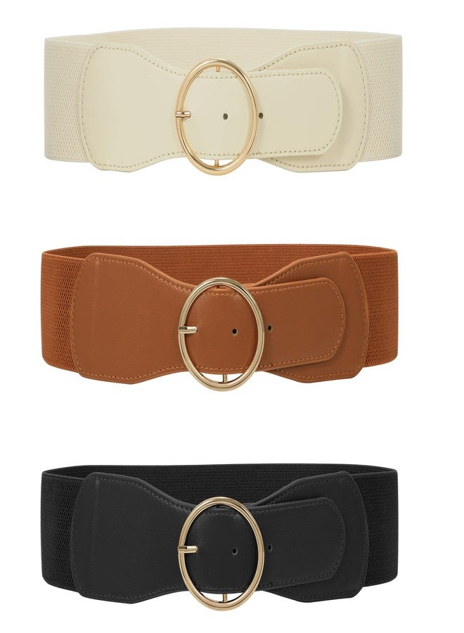 WERFORU 3 Pack Women Elastic Stretchy Wide Belt for Dress Ladies Stretch Thick Waist Belt with Gold O Ring Buckle Black+Brown+Beige - Image 1