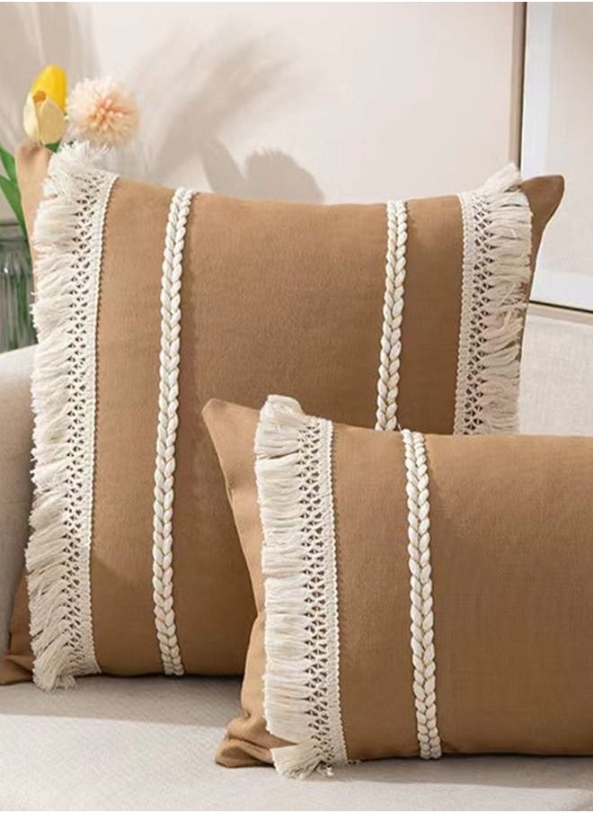 Kutis 2-Piece Bohemia Tassel Braid Pillow Cover/Throw Pillowcase/Sofa pillow Cover Canvas Material Brown/Beige 45 x 45 Centimeter  - Image 4