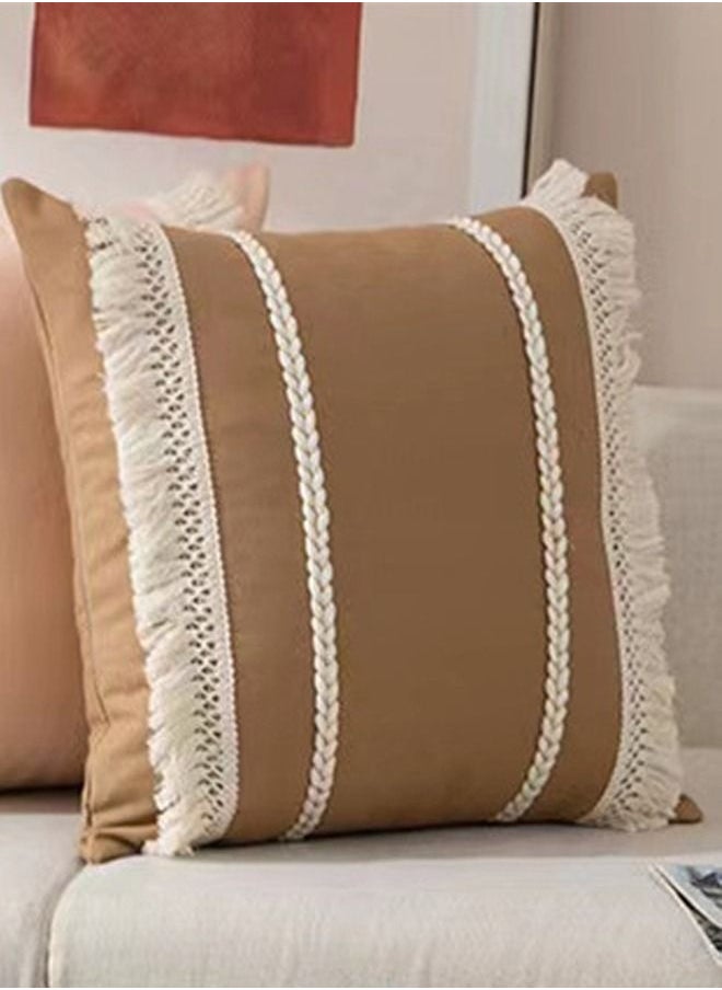 Kutis 2-Piece Bohemia Tassel Braid Pillow Cover/Throw Pillowcase/Sofa pillow Cover Canvas Material Brown/Beige 45 x 45 Centimeter  - Image 3