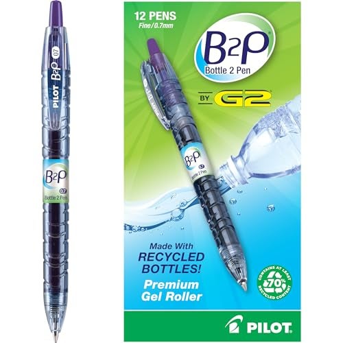 PILOT B2P - Bottle to Pen Refillable & Retractable Rolling Ball Gel Pen Made From Recycled Bottles, Fine Point, Purple G2 Ink, 12-Pack (31622) - Image 1