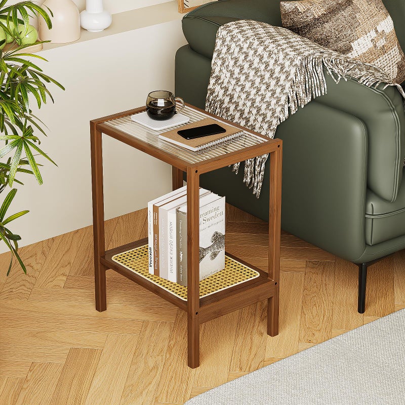Bamworld Rattan Side Table Living Room Glasstop Night Stand Boho End Table 2Tier with Storage Mid Century Modern Bedside Table for Small Spaces Narrow Coffee Table Bamboo