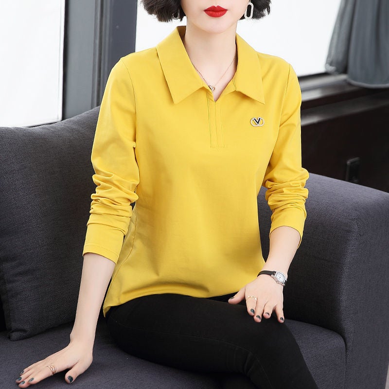 Solid color T-shirt womens lapel long-sleeved T-shirt womens loose spring and autumn top womens spring and summer outer wear polo collar bottoming shirt a15-yellow - Image 1