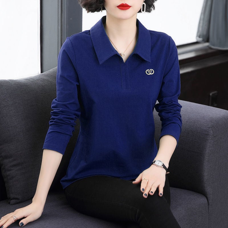 Solid color T-shirt womens lapel long-sleeved T-shirt womens loose spring and autumn top womens spring and summer outer wear polo collar bottoming shirt a15-yellow - Image 3