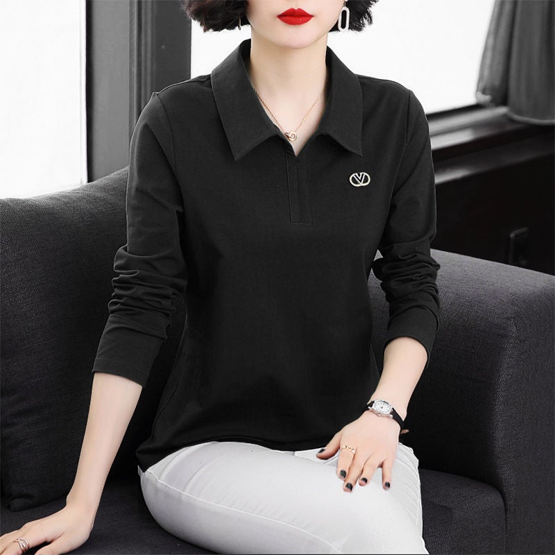 Solid color T-shirt womens lapel long-sleeved T-shirt womens loose spring and autumn top womens spring and summer outer wear polo collar bottoming shirt a15-yellow - Image 4