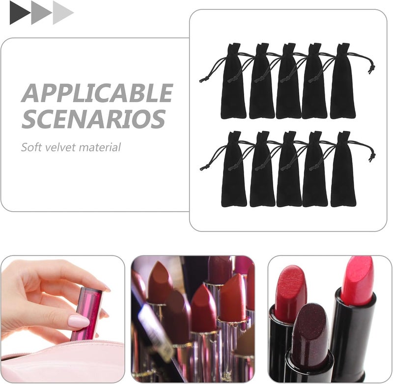 10PCS Velvet Lipstick Drawstring Bag - Dustproof Lip Gloss Holder for Purse - Single Lip Balm Pouches for Make Up Storage Holiday Parties Black - Image 4