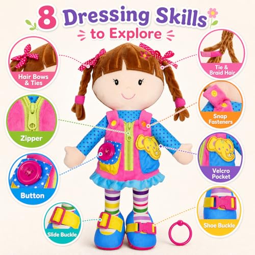 June Garden 155 Dressy Friends Belle  Educational Stuffed Plush Doll for Kids and Toddlers 2 Years and Up  Montessori Buckle Soft Toy - Image 5
