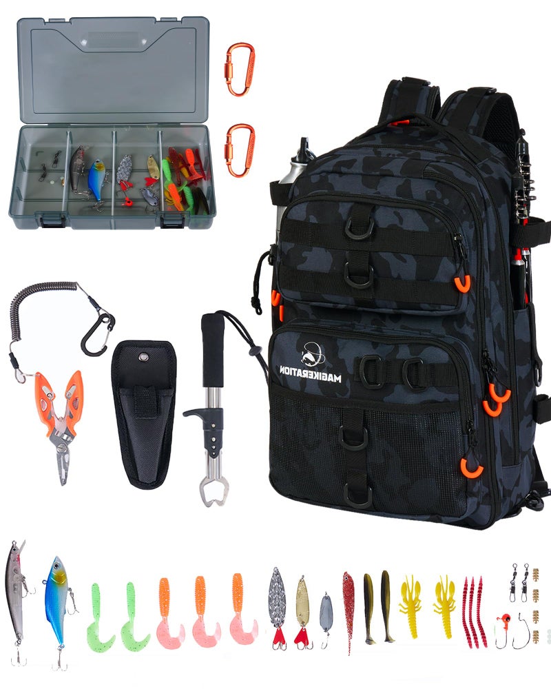 Magikeration Fishing Backpack with Tackle Box, 900D Oxford Water-Resistant Fishing Gear with Rod Holder, Gifts for Men with Lures, Pliers and Fish Lip Gripper - Image 1