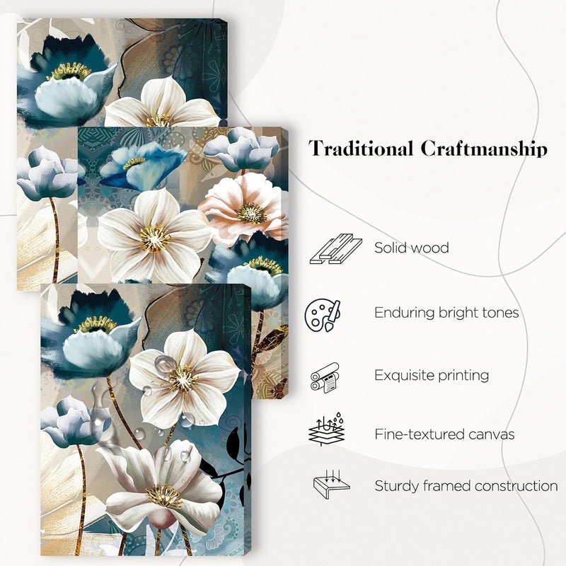 SERIMINO SERIMINO Lotus Flower Canvas Wall Decor Living Room White and Indigo Blue Floral Picture Wall Art for Dining Room Bedroom Bathroom Kitchen Prints Paintings for Home Decorations  - Image 4