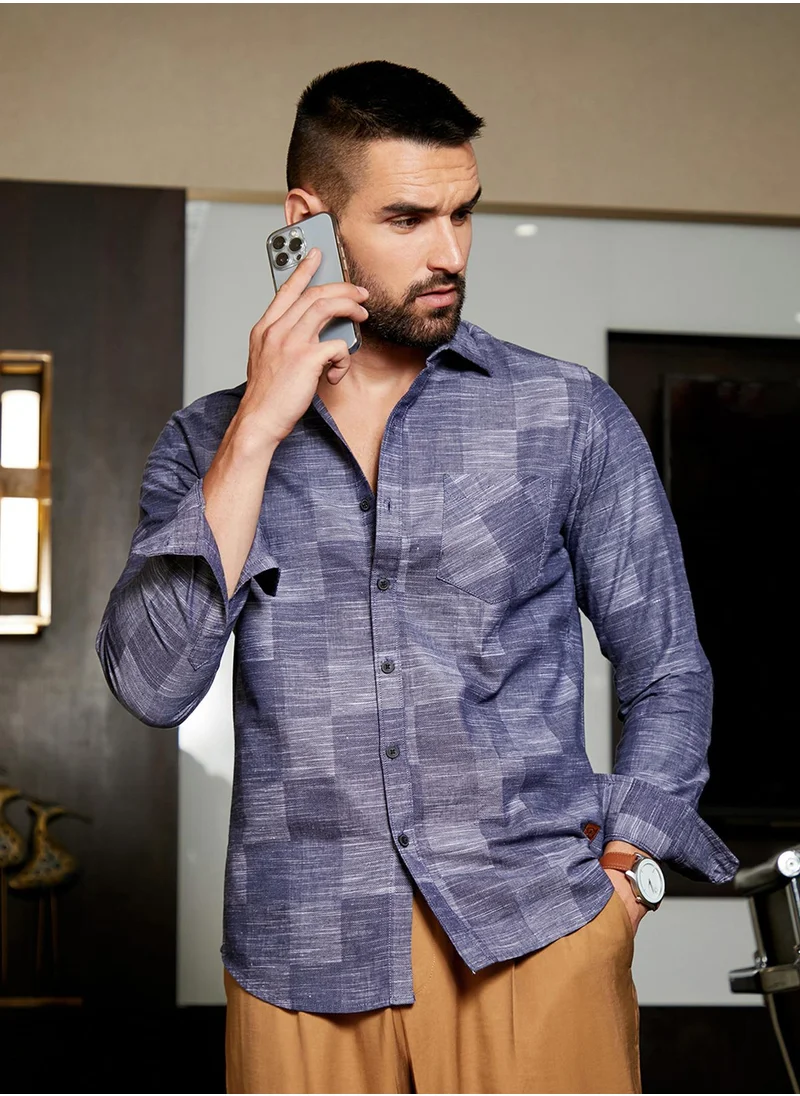 كامبوس سوترا Men's Steel Blue Heathered Denim Check Shirt