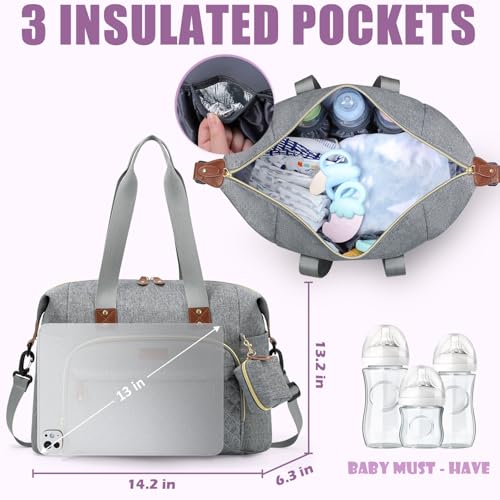 Tuwubi Diaper Bag Tote,Baby Diaper Bag with Pacifier Case Large Travel Diaper Tote Caddy for Mom and Dad Multifunction Large Baby Bag - M-Light Grey - Image 4