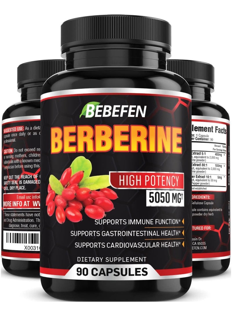 BEBEFEN Berberine Capsules - 5050mg Formula Pills with Black Pepper Extract - 90 Capsules Berberine Supplement for Supports Healthy Immune System, Cardiovascular Heart - 3 Month Supply