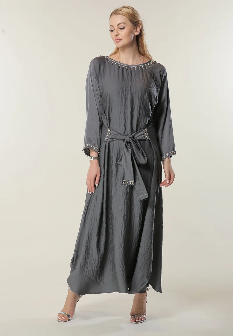 Moistreet Tie Detailed Boat Neck Kaftan