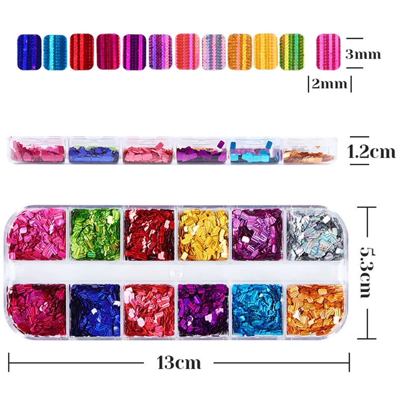 Vezocim Laser Square Glitter Nail Art Sequins, Holographic 3D 12 Colors Glitter Flakes Design, Rectangle Shape Nail Shiny Supplies for Women Girls Manicure Powder Charms Decorations, DIY Resin Nail Art Tips - Image 5