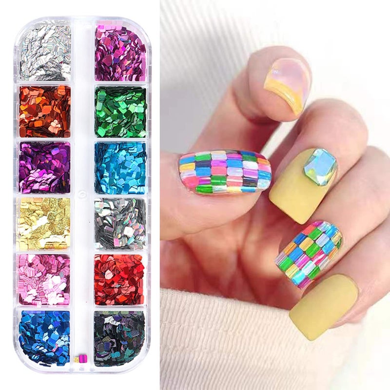 Vezocim Laser Square Glitter Nail Art Sequins, Holographic 3D 12 Colors Glitter Flakes Design, Rectangle Shape Nail Shiny Supplies for Women Girls Manicure Powder Charms Decorations, DIY Resin Nail Art Tips - Image 1